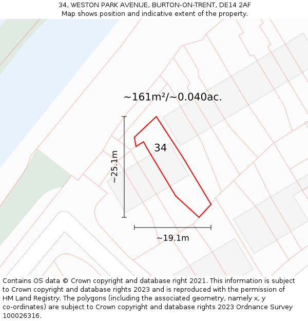 34, WESTON PARK AVENUE, BURTON-ON-TRENT, DE14 2AF: Plot and title map