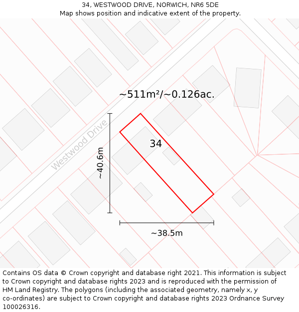 34, WESTWOOD DRIVE, NORWICH, NR6 5DE: Plot and title map
