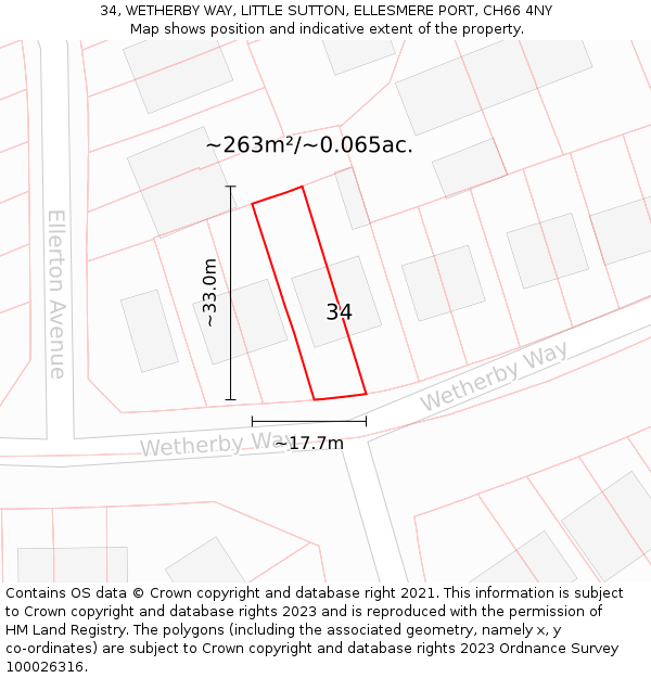 34, WETHERBY WAY, LITTLE SUTTON, ELLESMERE PORT, CH66 4NY: Plot and title map