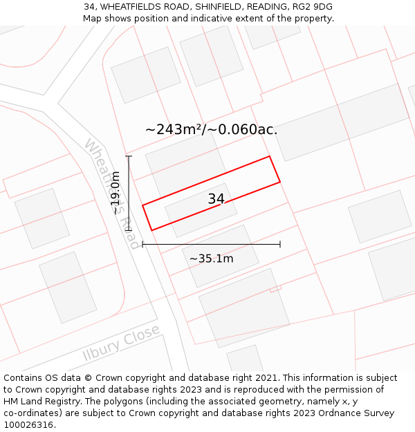 34, WHEATFIELDS ROAD, SHINFIELD, READING, RG2 9DG: Plot and title map