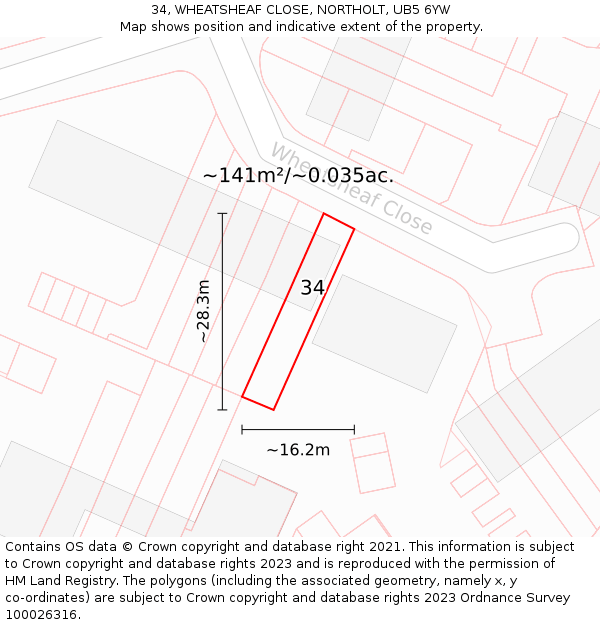 34, WHEATSHEAF CLOSE, NORTHOLT, UB5 6YW: Plot and title map