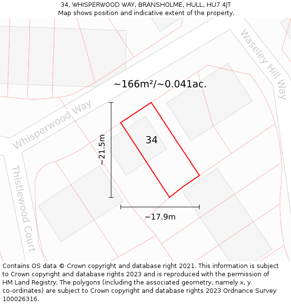 34, WHISPERWOOD WAY, BRANSHOLME, HULL, HU7 4JT: Plot and title map