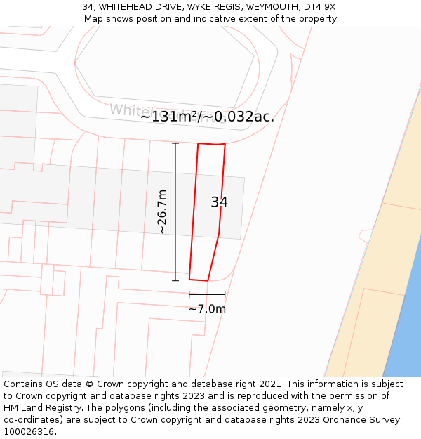 34, WHITEHEAD DRIVE, WYKE REGIS, WEYMOUTH, DT4 9XT: Plot and title map