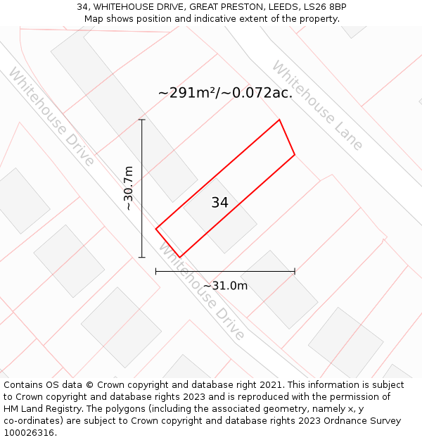 34, WHITEHOUSE DRIVE, GREAT PRESTON, LEEDS, LS26 8BP: Plot and title map