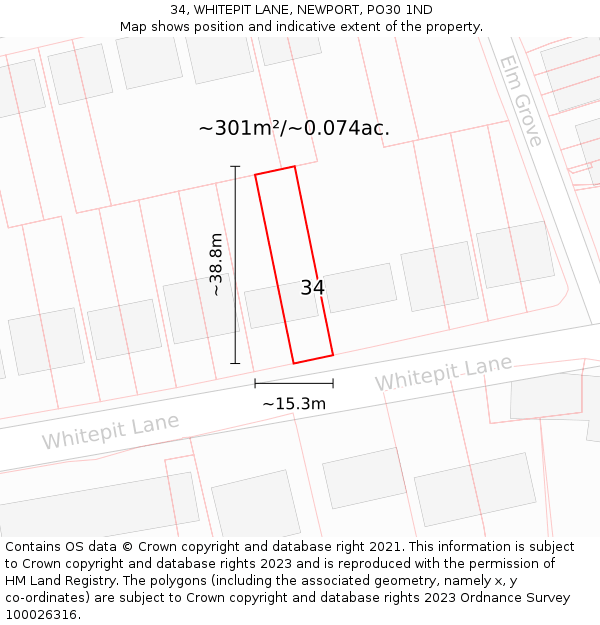 34, WHITEPIT LANE, NEWPORT, PO30 1ND: Plot and title map