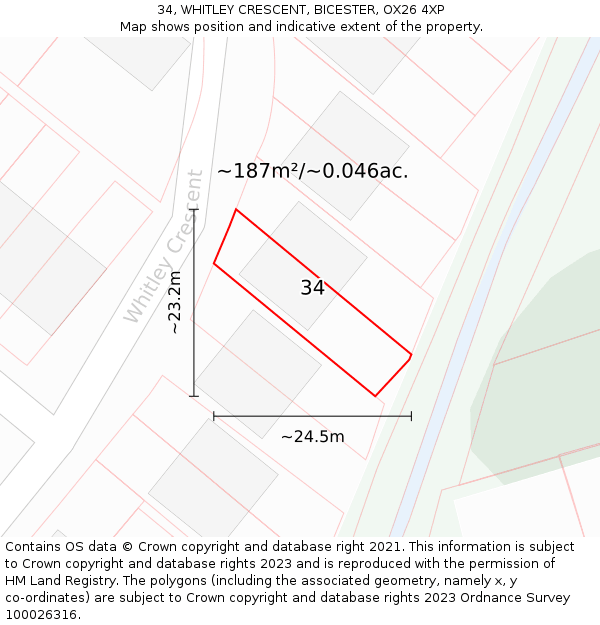 34, WHITLEY CRESCENT, BICESTER, OX26 4XP: Plot and title map