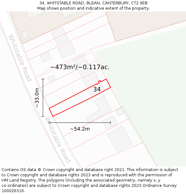 34, WHITSTABLE ROAD, BLEAN, CANTERBURY, CT2 9EB: Plot and title map