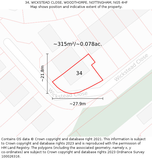 34, WICKSTEAD CLOSE, WOODTHORPE, NOTTINGHAM, NG5 4HF: Plot and title map