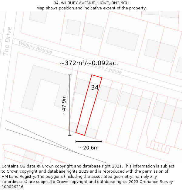 34, WILBURY AVENUE, HOVE, BN3 6GH: Plot and title map