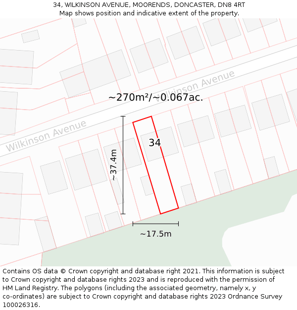 34, WILKINSON AVENUE, MOORENDS, DONCASTER, DN8 4RT: Plot and title map