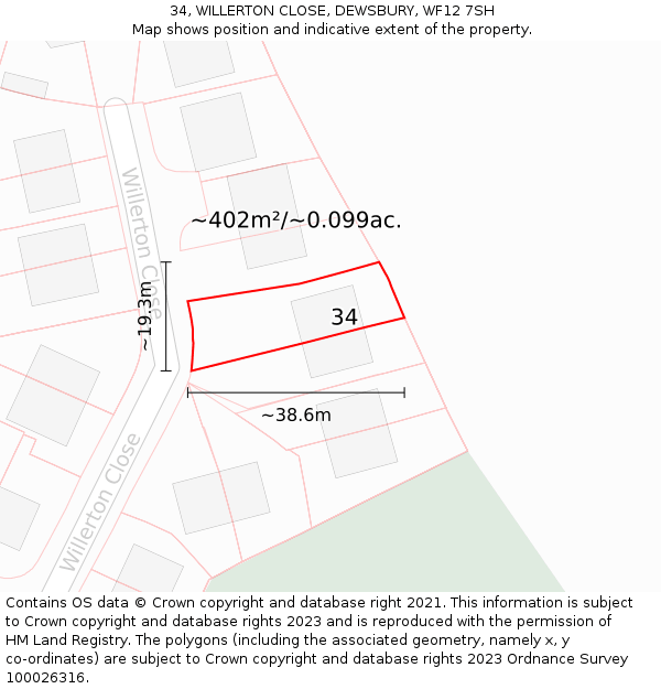 34, WILLERTON CLOSE, DEWSBURY, WF12 7SH: Plot and title map