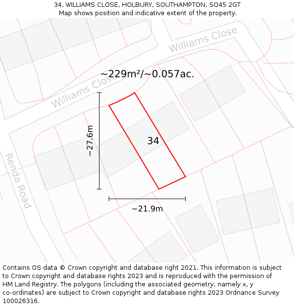 34, WILLIAMS CLOSE, HOLBURY, SOUTHAMPTON, SO45 2GT: Plot and title map