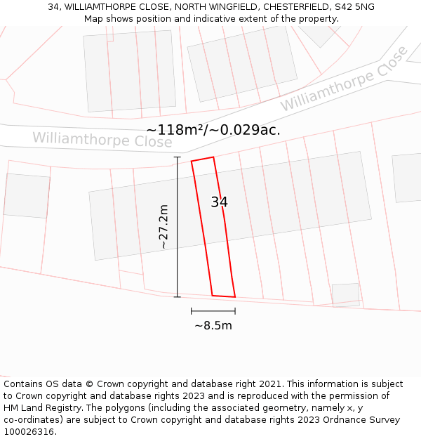 34, WILLIAMTHORPE CLOSE, NORTH WINGFIELD, CHESTERFIELD, S42 5NG: Plot and title map