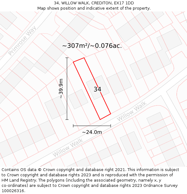 34, WILLOW WALK, CREDITON, EX17 1DD: Plot and title map