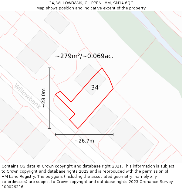 34, WILLOWBANK, CHIPPENHAM, SN14 6QG: Plot and title map