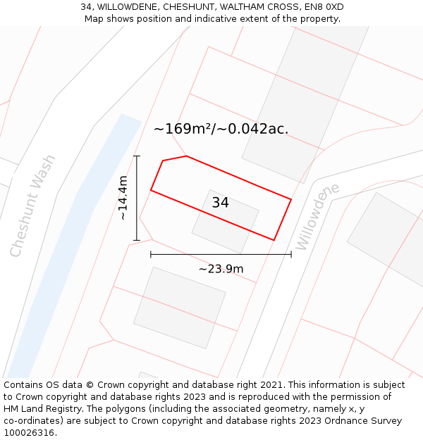 34, WILLOWDENE, CHESHUNT, WALTHAM CROSS, EN8 0XD: Plot and title map