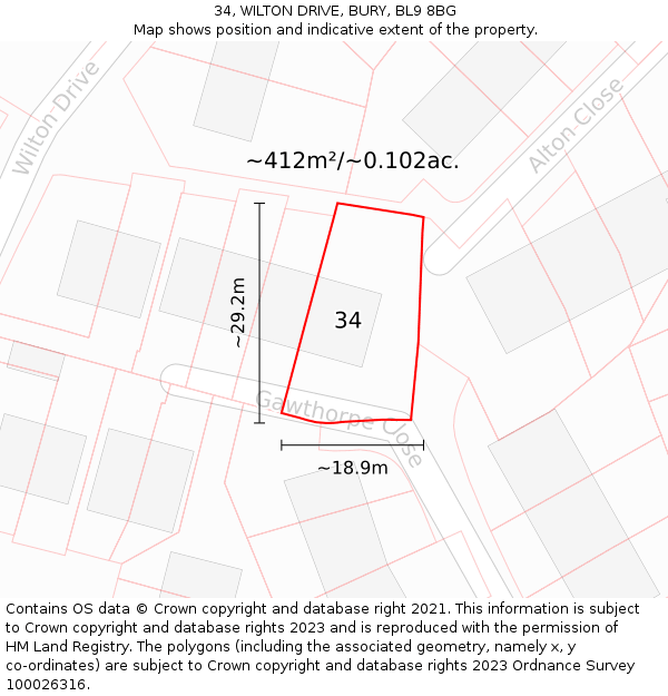 34, WILTON DRIVE, BURY, BL9 8BG: Plot and title map