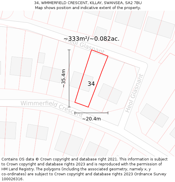34, WIMMERFIELD CRESCENT, KILLAY, SWANSEA, SA2 7BU: Plot and title map