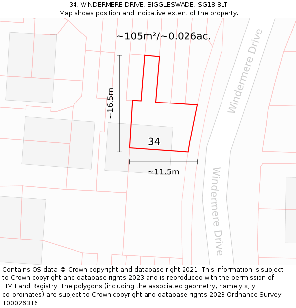 34, WINDERMERE DRIVE, BIGGLESWADE, SG18 8LT: Plot and title map