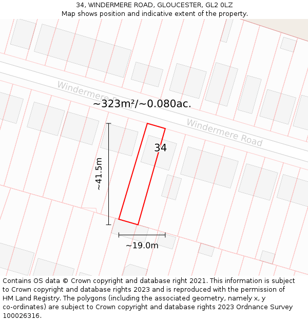 34, WINDERMERE ROAD, GLOUCESTER, GL2 0LZ: Plot and title map