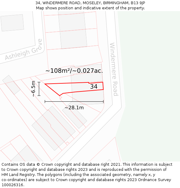 34, WINDERMERE ROAD, MOSELEY, BIRMINGHAM, B13 9JP: Plot and title map