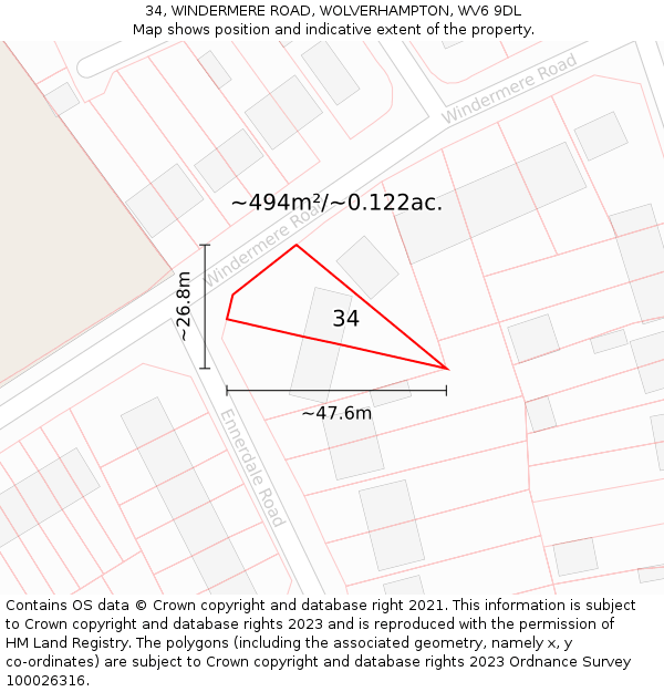34, WINDERMERE ROAD, WOLVERHAMPTON, WV6 9DL: Plot and title map