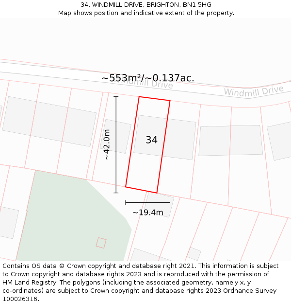34, WINDMILL DRIVE, BRIGHTON, BN1 5HG: Plot and title map