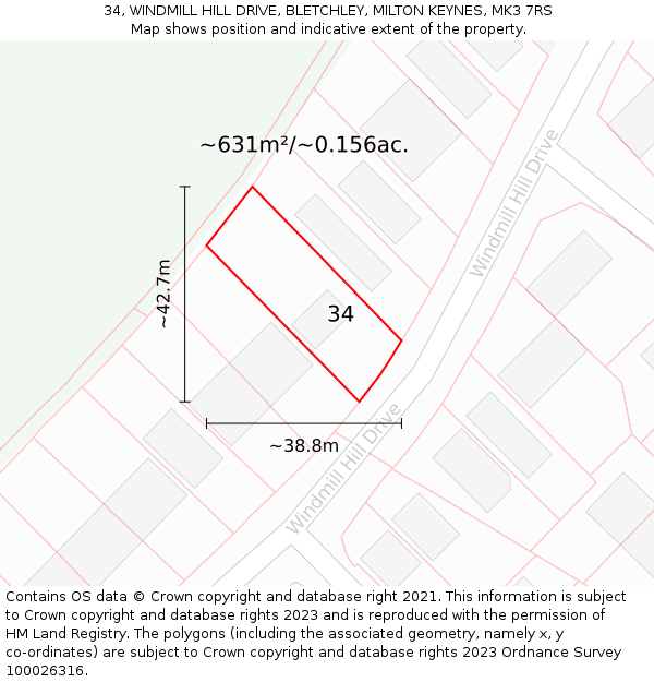 34, WINDMILL HILL DRIVE, BLETCHLEY, MILTON KEYNES, MK3 7RS: Plot and title map