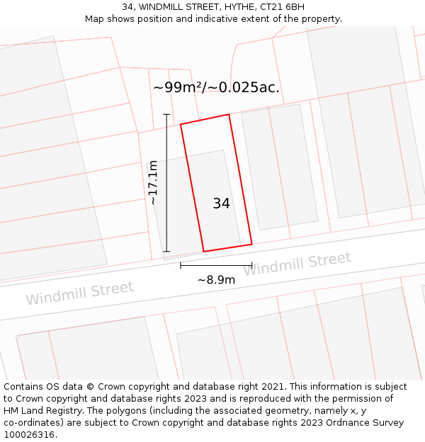 34, WINDMILL STREET, HYTHE, CT21 6BH: Plot and title map