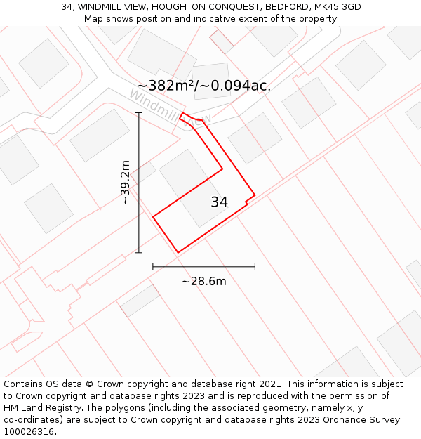 34, WINDMILL VIEW, HOUGHTON CONQUEST, BEDFORD, MK45 3GD: Plot and title map