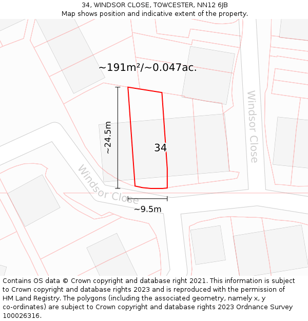 34, WINDSOR CLOSE, TOWCESTER, NN12 6JB: Plot and title map