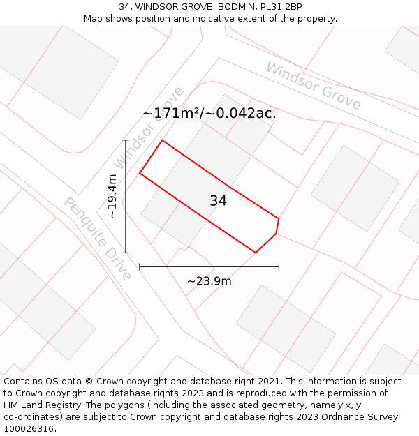 34, WINDSOR GROVE, BODMIN, PL31 2BP: Plot and title map