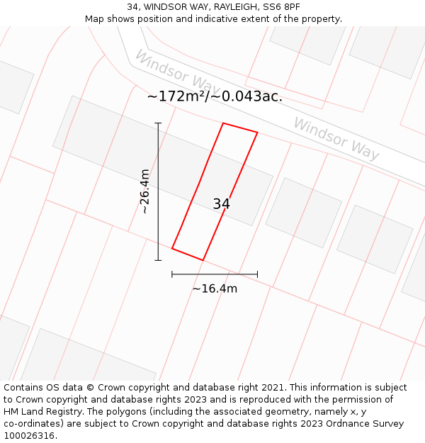 34, WINDSOR WAY, RAYLEIGH, SS6 8PF: Plot and title map