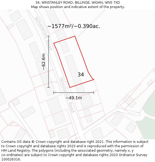 34, WINSTANLEY ROAD, BILLINGE, WIGAN, WN5 7XD: Plot and title map