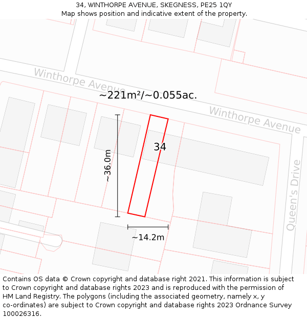 34, WINTHORPE AVENUE, SKEGNESS, PE25 1QY: Plot and title map