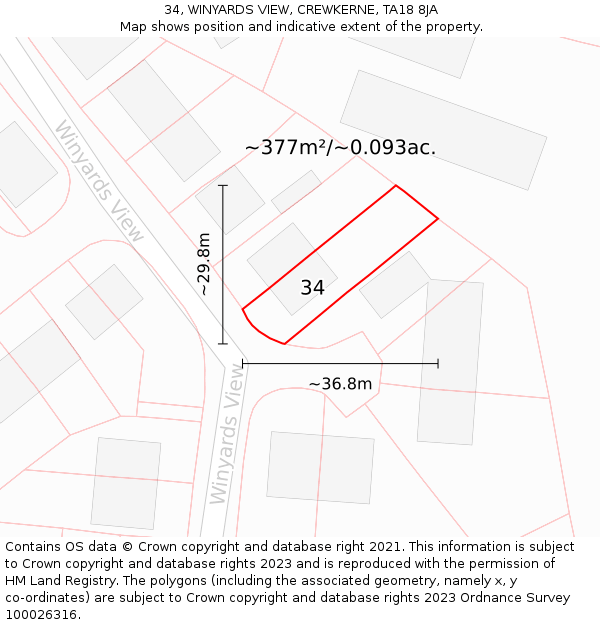 34, WINYARDS VIEW, CREWKERNE, TA18 8JA: Plot and title map