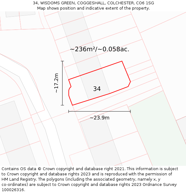 34, WISDOMS GREEN, COGGESHALL, COLCHESTER, CO6 1SG: Plot and title map