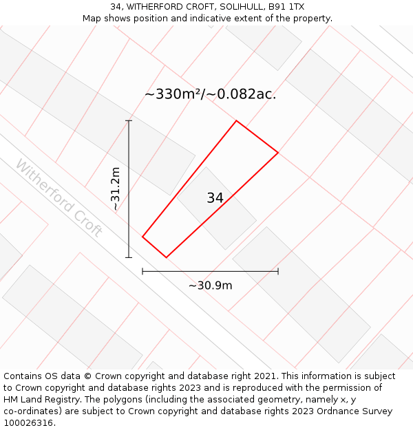 34, WITHERFORD CROFT, SOLIHULL, B91 1TX: Plot and title map
