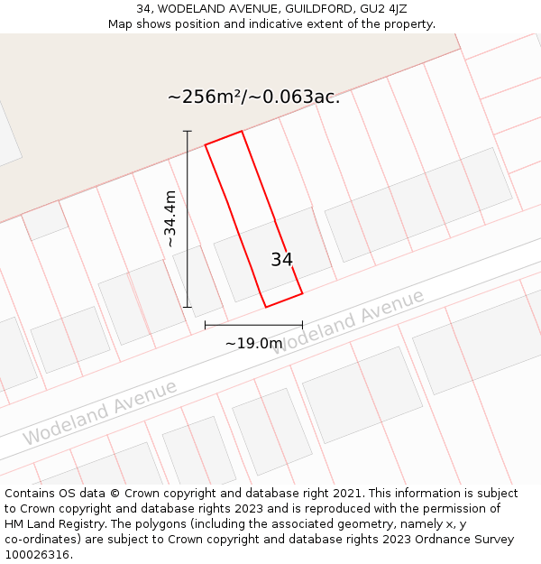 34, WODELAND AVENUE, GUILDFORD, GU2 4JZ: Plot and title map