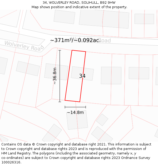 34, WOLVERLEY ROAD, SOLIHULL, B92 9HW: Plot and title map