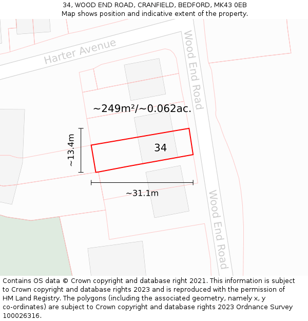 34, WOOD END ROAD, CRANFIELD, BEDFORD, MK43 0EB: Plot and title map