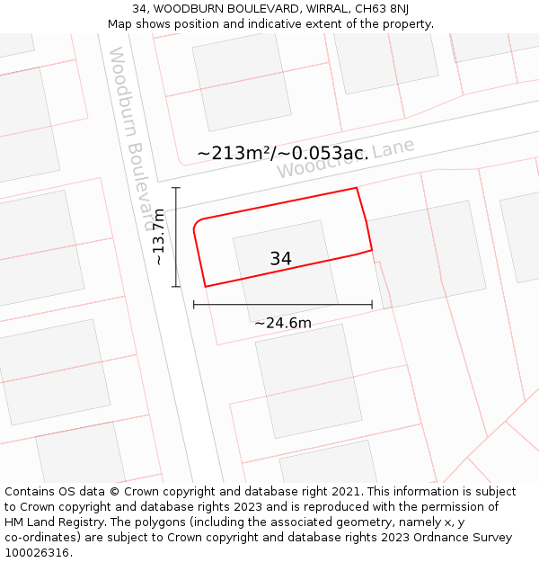 34, WOODBURN BOULEVARD, WIRRAL, CH63 8NJ: Plot and title map