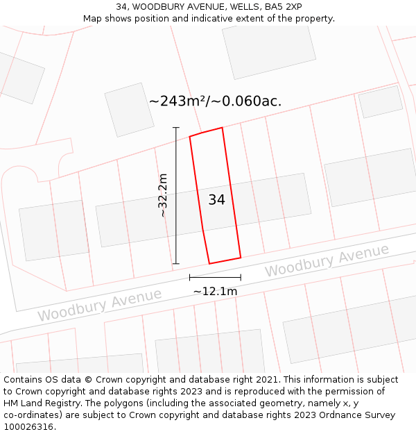 34, WOODBURY AVENUE, WELLS, BA5 2XP: Plot and title map