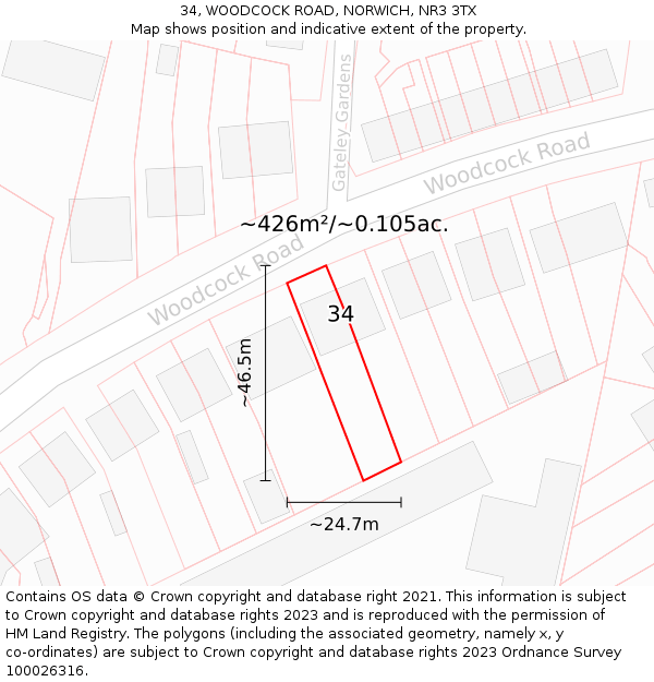 34, WOODCOCK ROAD, NORWICH, NR3 3TX: Plot and title map