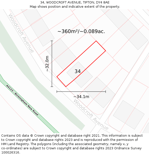 34, WOODCROFT AVENUE, TIPTON, DY4 8AE: Plot and title map
