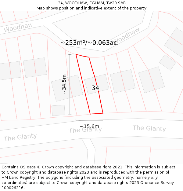 34, WOODHAW, EGHAM, TW20 9AR: Plot and title map