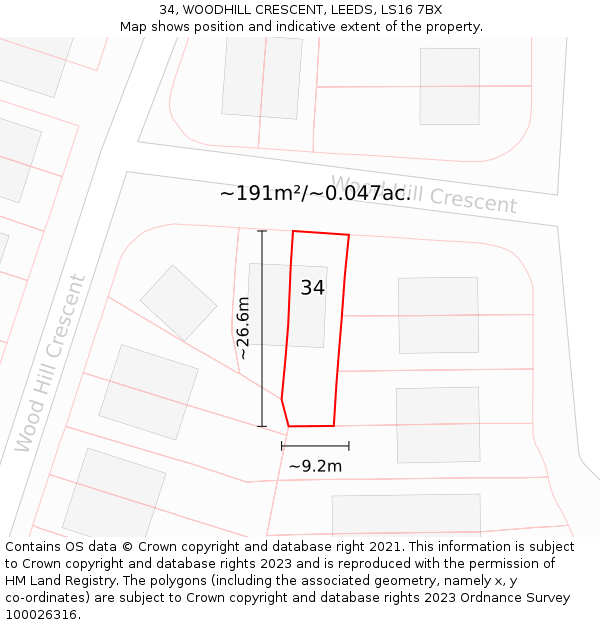 34, WOODHILL CRESCENT, LEEDS, LS16 7BX: Plot and title map