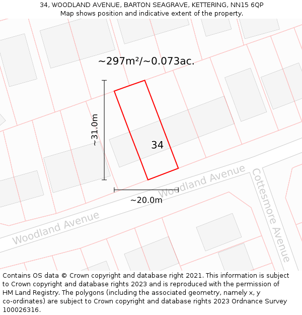 34, WOODLAND AVENUE, BARTON SEAGRAVE, KETTERING, NN15 6QP: Plot and title map
