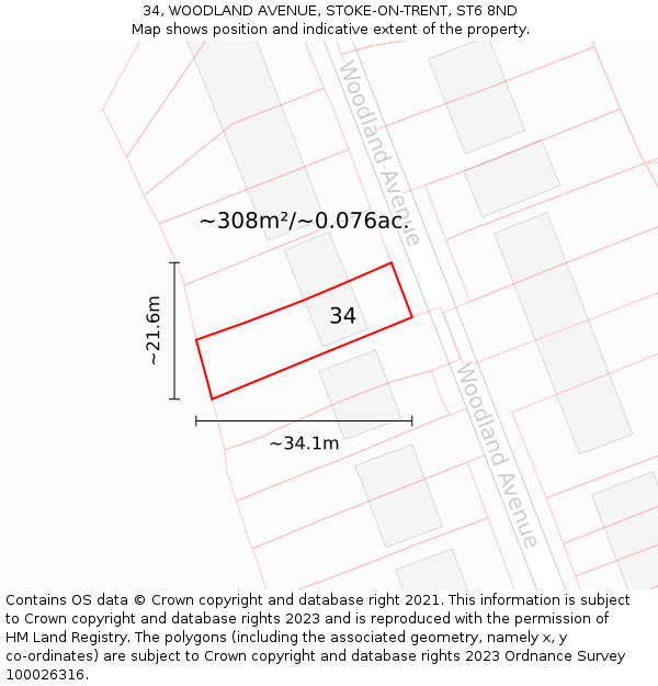 34, WOODLAND AVENUE, STOKE-ON-TRENT, ST6 8ND: Plot and title map