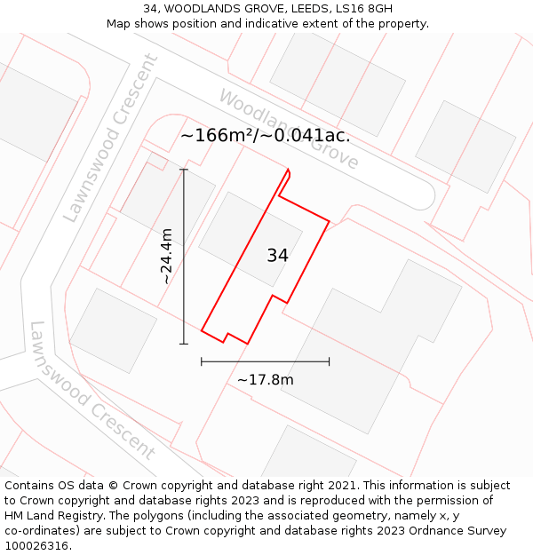 34, WOODLANDS GROVE, LEEDS, LS16 8GH: Plot and title map